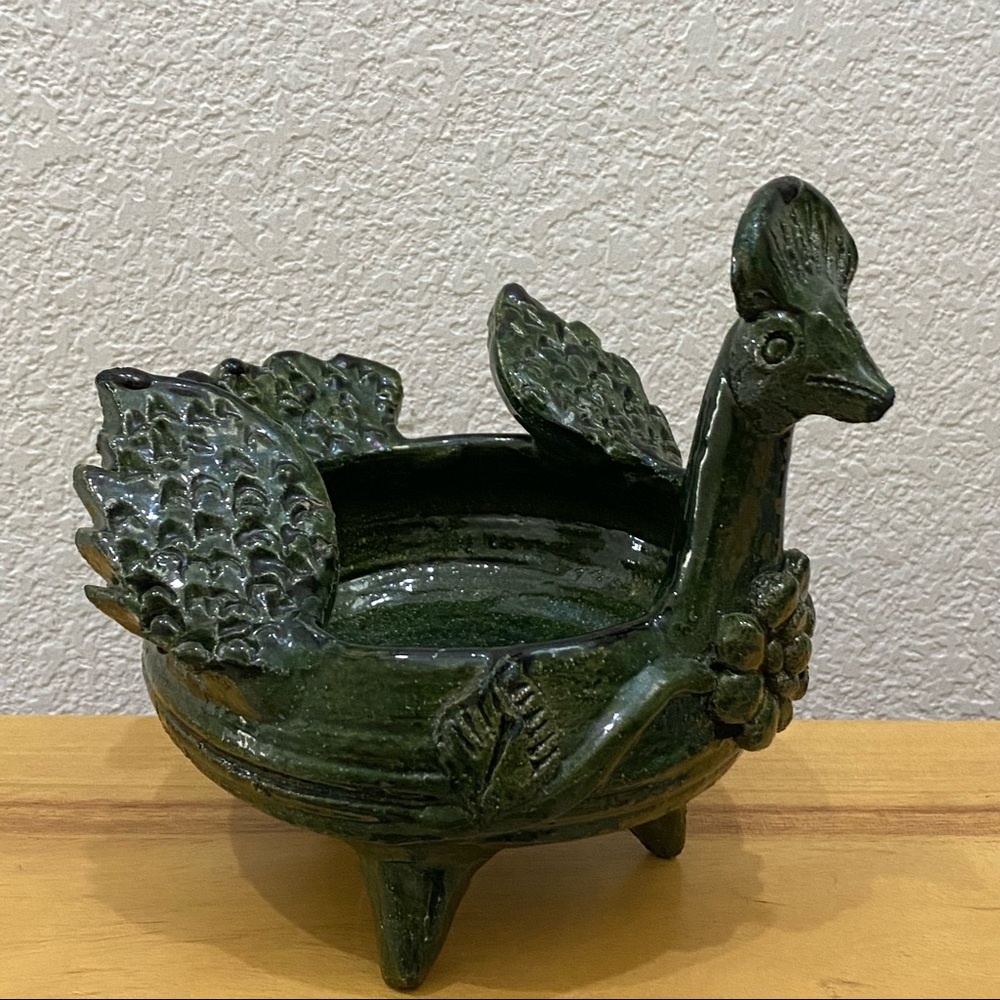 Unique Green Clay Pottery Animal Sculpture Peacock Footed Dish Planter Decor